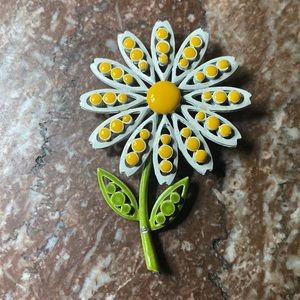 Vintage Enamel White and Yellow Flower Brooch